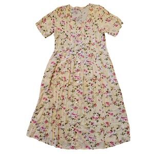 La Cera M Midi Dress Yellow Floral Button Front Back Tie Pockets Cottage Prairie